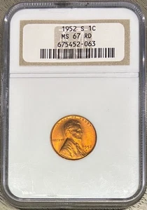 1952-S Lincoln Cent (Wheat Penny), NGC MS-67 RD, Older Holder - Picture 1 of 2