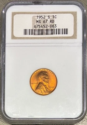 1952-S Lincoln Cent (Wheat Penny), NGC MS-67 RD, Older Holder - Image 1 of 2