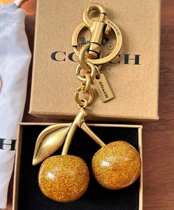 NEW COACH Bag Gold Cherry Charm Keychain Glitter Resin & Metal - Brass - Picture 1 of 4