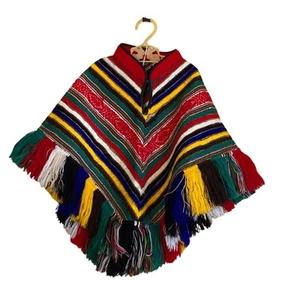 Vintage 70s Child's Multicolored Fringed Poncho Artisan Made in Brazil - Picture 1 of 4