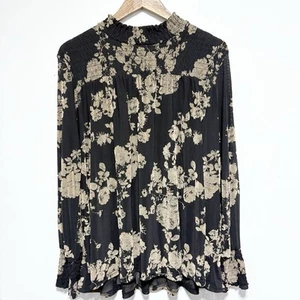 Mystree Bluse XL schwarz Blumen halbtransparent Ballonärmel Whimsigoth geraffter Ausschnitt - Bild 1 von 10