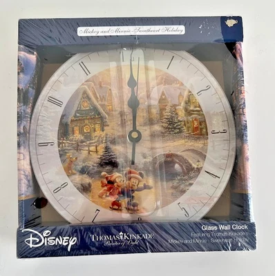 Disney Mickey & Minnie Sweetheart Holiday Thomas Kinkade Reloj de Pared de Vidrio Foto 1 de 4
