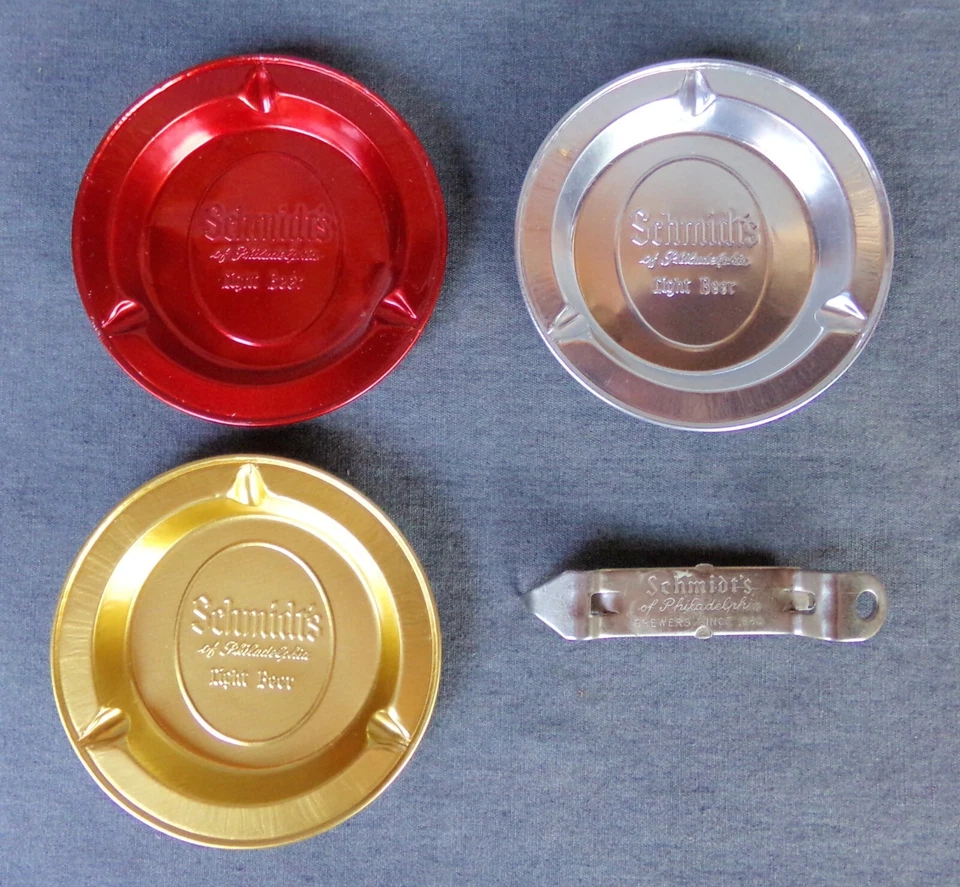 3 ceniceros de aluminio Schmidt's Of Philadelphia Light Beer de colección + abrebotellas Foto 1 de 4