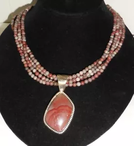 VINTAGE DTR JAY KING STERLING SILVER NECKLACE MUTI STRAND JASPER PENDANT DESIGN - Picture 1 of 8