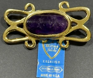 WHITING & DAVIS NOS VINTAGE Gold Tone Amethyst Cabochon Romantic Brooch - Picture 1 of 5
