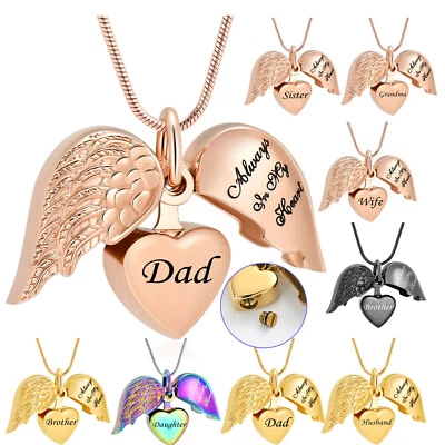 Joyería de cremación Ala de ángel Corazón Urna Collar Cenizas Memorial Recuerdo Colgante Foto 1 de 4