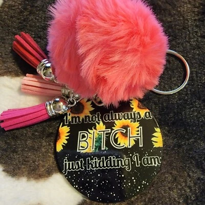 Sunflower Not Always Pom Pom Tassel Keychain Handmade Custom Key Ring - Image 1 of 2