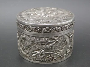 Dose Silber China gemarkt Drachenmotive Drachenrelief um 1900 Durchmesser: 6 cm - Bild 1 von 15