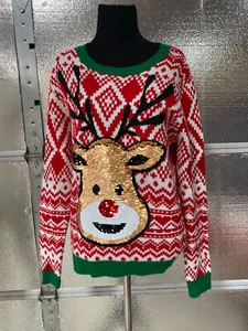 No Boundaries Weihnachtspullover - Erwachsene Large - Rudolph - Paillettengesicht - hässlich - Bild 1 von 4