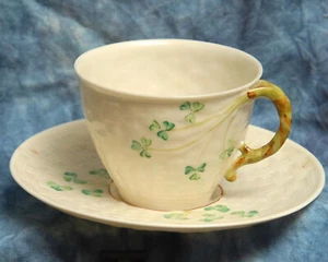 Belleek White woven Cup & Saucer with Shamrocks 3rd Green Mark Excellent - Picture 1 of 4