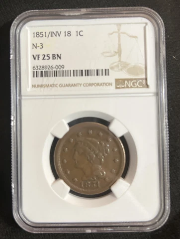 1851 1C NGC VF 25  BN 1 Over Inverted 18 N-3 Braided Hair Cent Cover