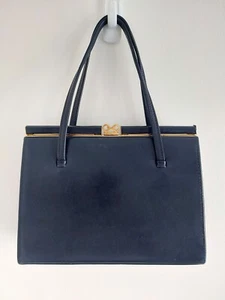 Vintage 50s Navy Blue Leather Handbag Classic A Frame Top Handle Gold Top Clasp - Picture 1 of 9