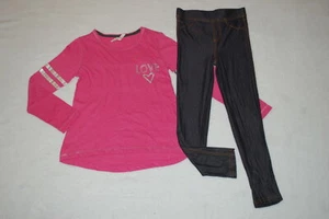 Girls PINK & SILVER L/S "LOVE" T-SHIRT Hi-Low KNIT JEGGINGS Dark Blue M 7-8 - Picture 1 of 3