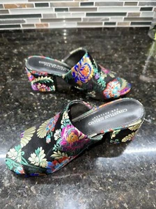 EUC Christian Siriano Black Floral Brocade Peep 2” Block Heel Mule Size 7 - Picture 1 of 6