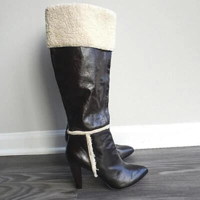 very dark brown/Black leather knee-high boots w  cream faux fur trim  - Image 1 of 4
