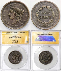 1838 1c Coronet or Matron Head Large Cent ANACS VF 25 DETAILS DAMAGED-BENT - Picture 1 of 5