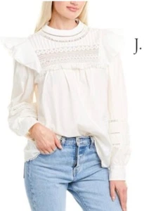 NWT J. Crew Women's Size M White Keyhole Neck Long Sleeve Shirt Ruffled Shoulder - Picture 1 of 7