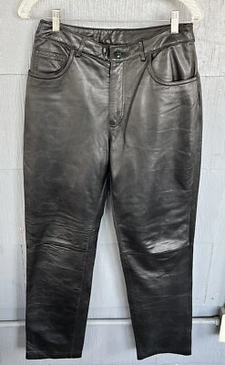Pantalones de pierna recta de cuero genuino negros Express vintage años 90 para mujer talla 9/10 Foto 1 de 4