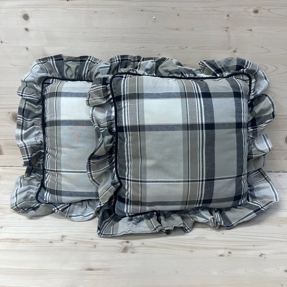 Waverly Throw подушки комплект из 2 бежевый черный клетку хлопок оборки 16 x 16 - Изображение 1 из 4