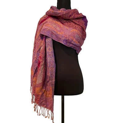 Paisley Print Scarf Shawl Wrap Purple Orange Tassels Fringe Boho Women's - Image 1 of 3