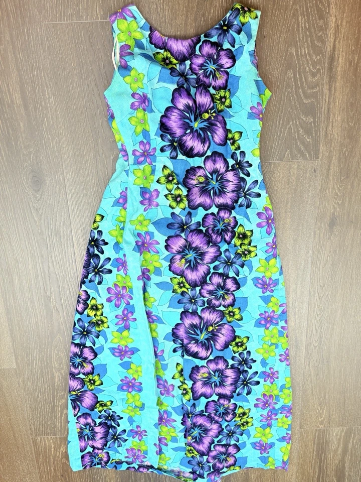 Vtg Jolene  1960s Hawaiian Maxi Dress Sm Sleeveless Blue Purple Waterfall Back - Image 1 of 4