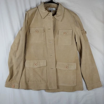 Chaqueta de Campo de Cuero IZOD Para Hombre L Tostado Beige Gamuza Botón Frontal Multi Bolsillo Abrigo Foto 1 de 4