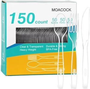 150 Pcs Clear Plastic Silverware, Heavy Weight Forks Spoons - Picture 1 of 7