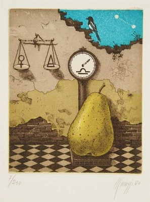 MAURILIO MINUZZI Firmado Surrealista Aguatinta Grabado Signo Astrológico del Zodiaco LIBRA Foto 1 de 4