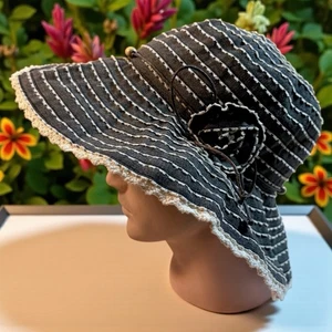 Scala Collezione schwarz weiß gestreift breite Krempe Sonnenhut Schleife Perlen Einheitsgröße - Bild 1 von 7