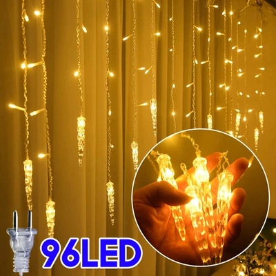 Christmas 96 LED Curtain Window Icicle String Fairy Lights Waterproof Xmas Decor - Image 1 of 4