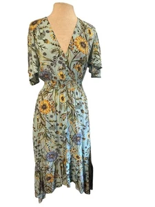 Petal & Pup Womens Floral Midi Dress V-Neck Smocked Waist Light Blue Rayon L - Picture 1 of 8