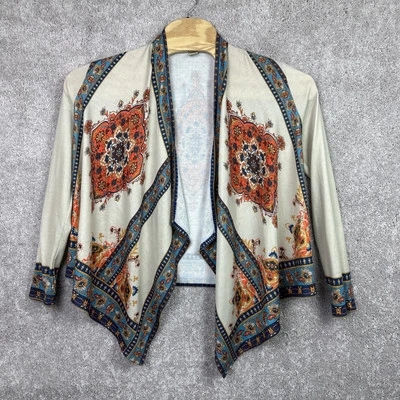 Cardigã suéter Flying Tomato floral frente aberta tamanho M bronzeado ocidental tribal - Imagem 1 de 3