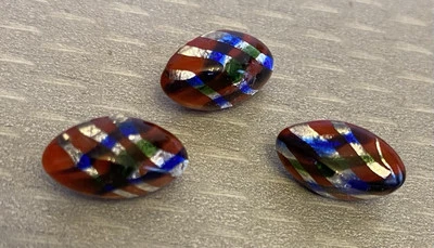Antique Art Glass Paperweight Button Set 3 Marquis Plaid Lattice Brass Box Shank - Image 1 of 4