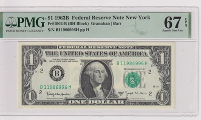 Fr 1902-B 1963B $1 FRN B11986996H PMG 67EPQ NEW YORK BARR 1963-B - Image 1 of 2