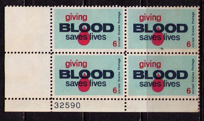 US USA Sc# 1425 MNH FVF PLATE # BLOCK Give Blood Donor Save Lives - Image 1 of 1