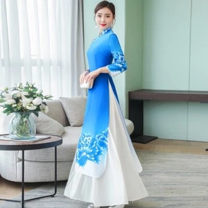 Lady Chinese Cheongsam Qipao Long Dress Maxi Floral Mandarin Collar Ethnic Retro - Picture 1 of 8