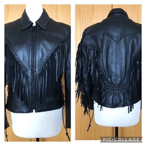 BIG B’S B black leather western motorcycle bike braided lace fringe zip jacket M - Picture 1 of 12