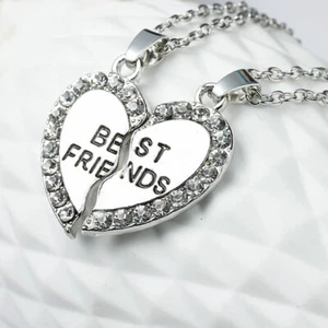 Set Of 2 Heart Pendant Necklace Link Cable Chain Silver Tone Friendship BFF Mess - Picture 1 of 3