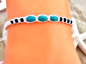 ANKLET COTTON HEMP TURQUOISE STONE WOOD BEADS FRIENDSHIP BAND ANKLET MENS WOMENS - Picture 1 of 3