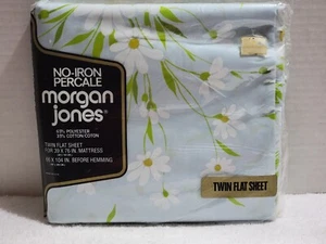 NEW VINTAGE MORGAN JONES NO-IRON PERCALE TWIN FLAT SHEET BLUE USA DAINTY DAISIES - Picture 1 of 5