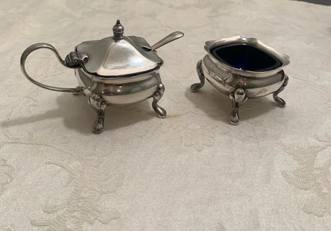 Antique/Vintage Silver Cobalt Blue Salt Cellar and Mustard Pot w/ Spoon Cover