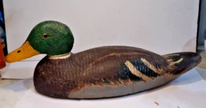 Vintage Primitive Carved Painted WOODEN MALLARD DUCK DECOY 17" Glass Eyes Peg - Picture 1 of 7