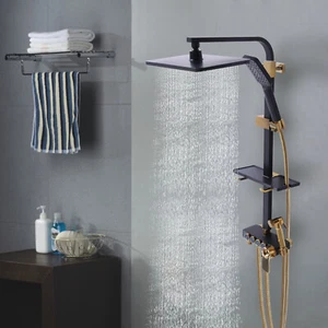 Termostato moderno negro sistema de ducha lluvia + masaje juego de ducha con ducha de mano - Imagen 1 de 9