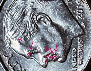 Moneda de diez centavos P U.S. Roosevelt 2019 Bin247 múltiples troqueles chips anverso y reverso - Imagen 1 de 8