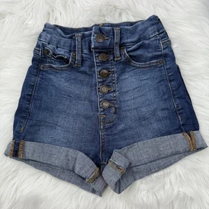 Aeropostale Shorts Damen 000 blau Denim super hoher Bund Curvy Mid Button Fly - Bild 1 von 8