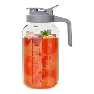 Glass Mason Jar Pitcher 64 oz Wide Mouth Jug with Pour Spout Handle Lid for Cold - Picture 1 of 7