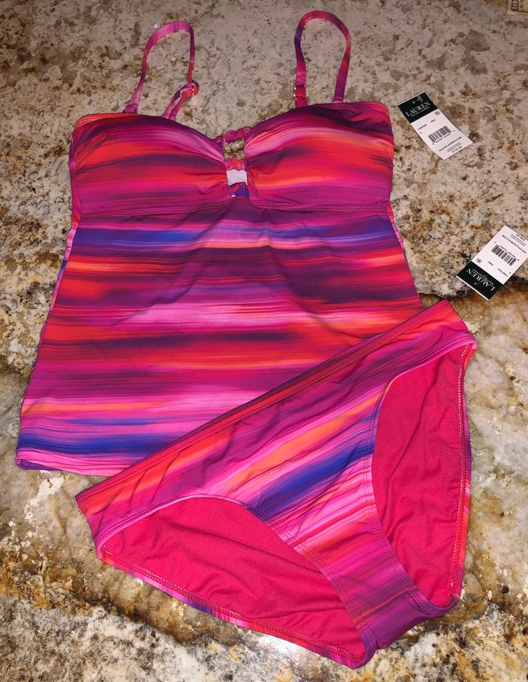 Lauren Ralph Lauren Womens Swimsuit Tankini Top 6 Pink Multi Ombre Ikat