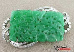 Collana con ciondolo spilla diamante giadeite intagliata platino vintage 44x25x3,5 mm - Foto 1 di 5