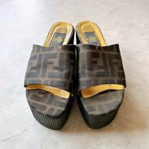 Fendi Mule Sandals Shoes Zucca Pattern Thick Sole Brown Size Women US5 / JP22 VG - Picture 1 of 10