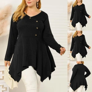 Plus Size 18-26 Women V Neck Tunic Tops Ruffle Swing Long Sleeve T Shirt Blouse - Picture 1 of 15